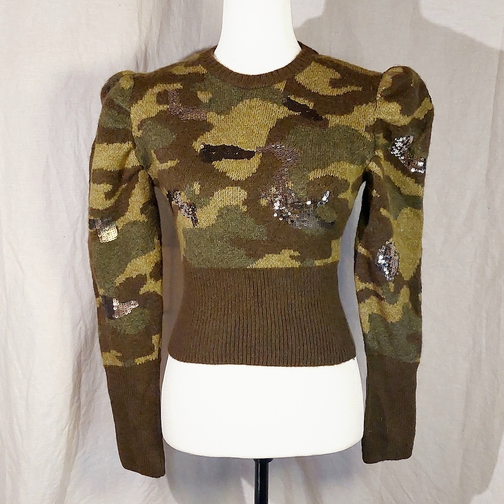 Zara khaki camo sequined sweater, size S, NWT